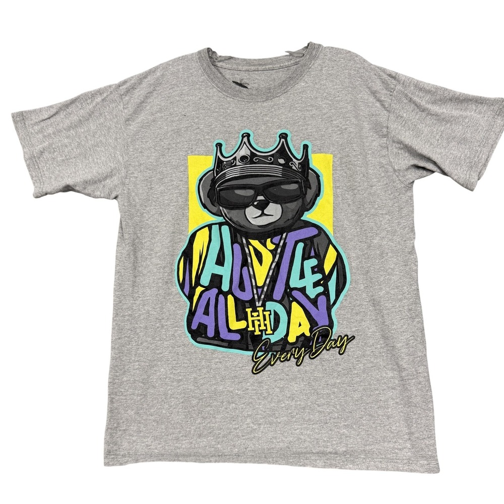 Vibes Shirt Mens Large‎ Gray Hustle All Day Bear Graphic Hip Hop Tee Streetwear